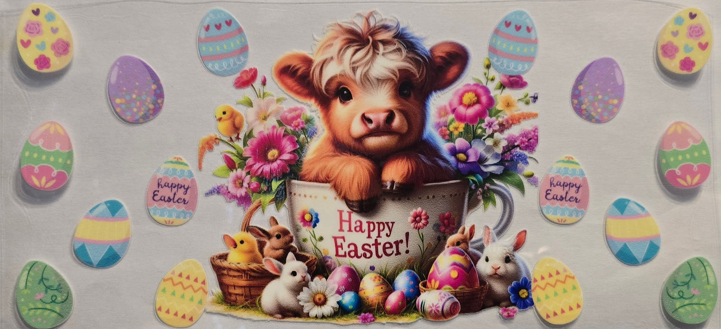 #627- "Happy Easter" Highland Cow- Cup wrap/decal