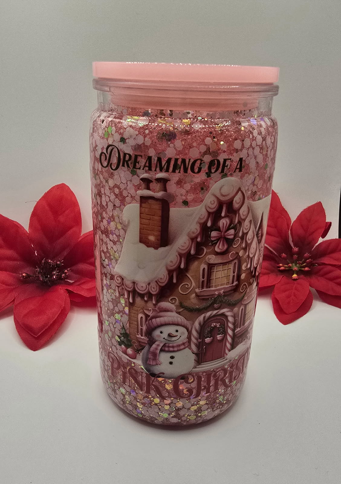 "Dreaming of a PINK CHRISTMAS" 16oz Acrylic Snow Globe Tumbler with colored lid and Straw
