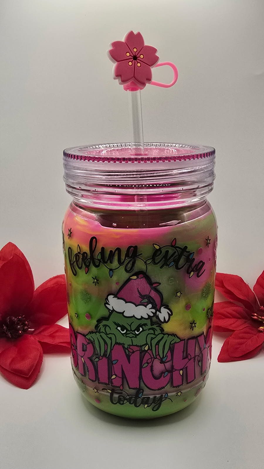"Feeling extra Grinchy Today" Acrylic Mason Jar with Straw