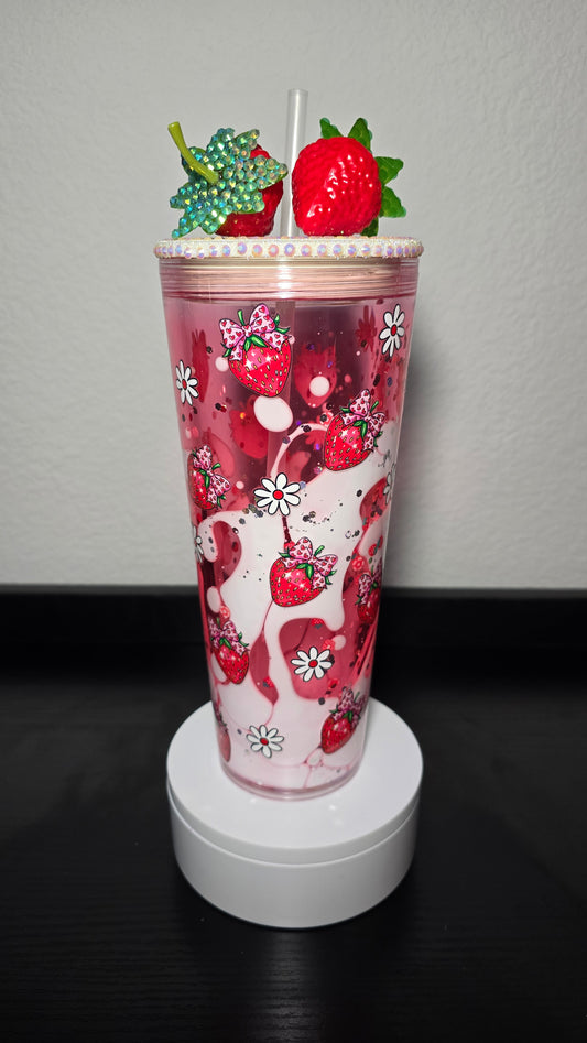 "Strawberry Mania"- 24oz Acrylic Tumbler with decorated lid.